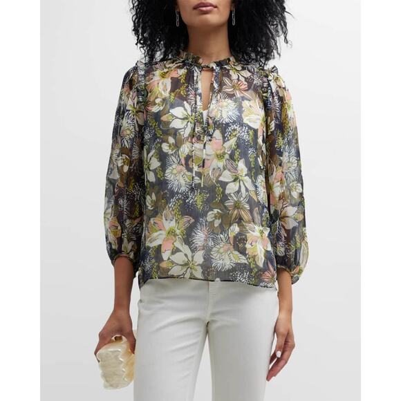 Tanya Taylor Size 2X Aubrielle Split Neck Linen Silk Floral Print Blouse - Picture 1 of 8